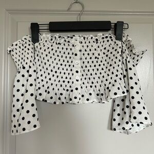 Skylar + Madison White and Black Flutter Sleeve Crop Blouse